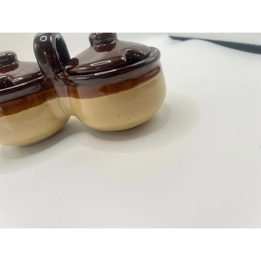 Vintage Two Tone Brown Tan Stoneware Sugar Bowl and Double Jam Jelly Server Set